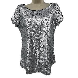 Worthington‎ Sequin Top Women's S Y2K  Matte Silver Holiday Party Metallic Glam